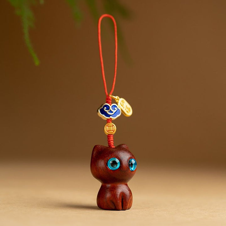 Ebony-carved Cat Car Keychain Pendant Cute