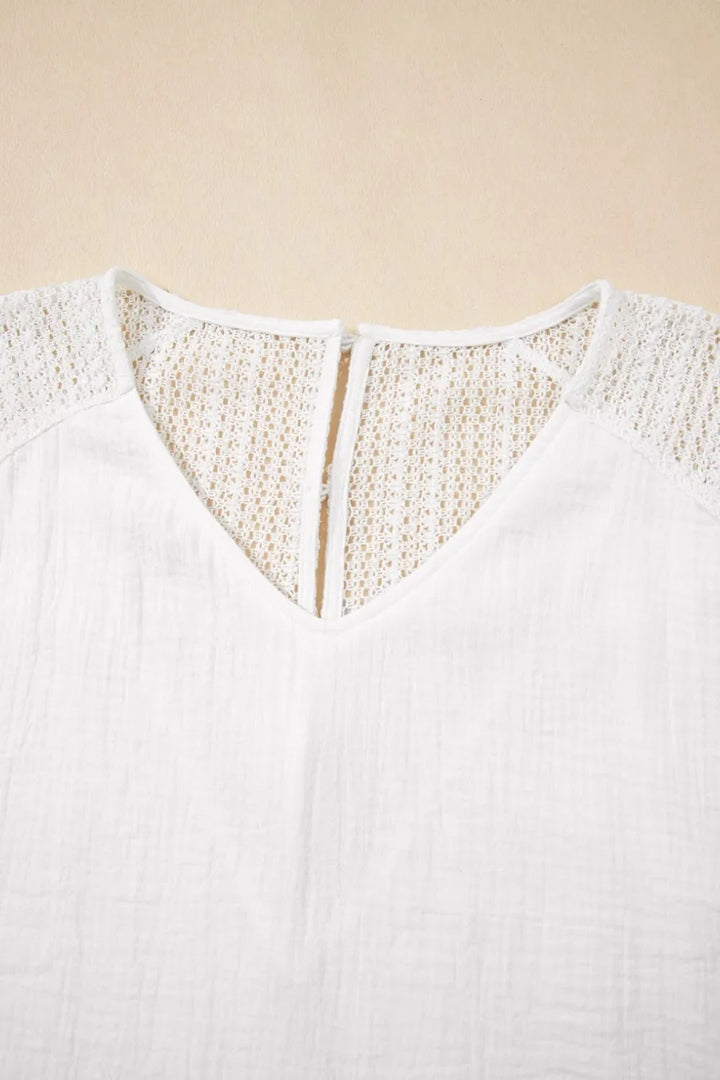 Lace Crochet Textured Button Back V Neck T Shirt