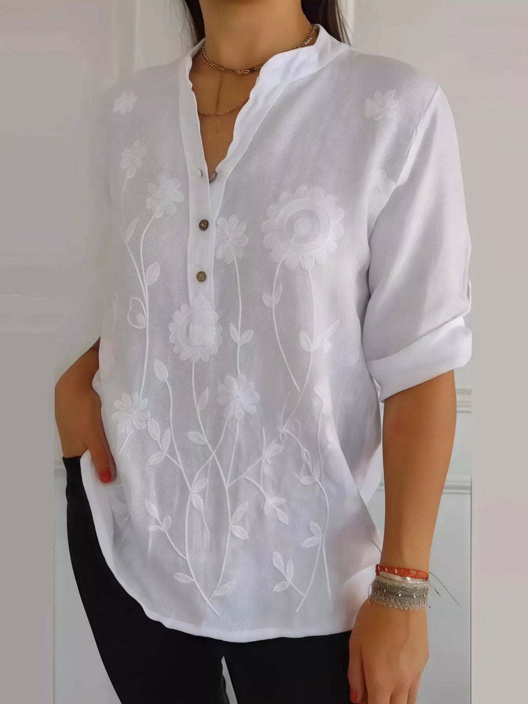 Full Size Floral Embroidered Button Detail Blouse Plus Size
