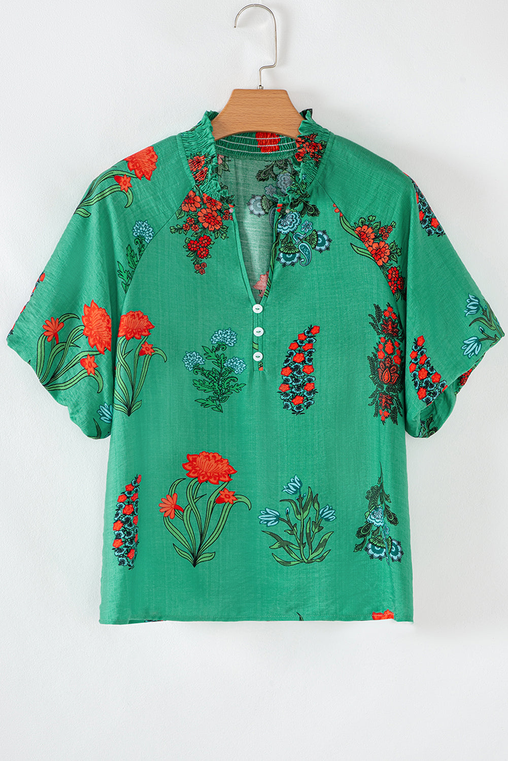 Chemisier à manches courtes et col en V boutonné à imprimé floral vert vif