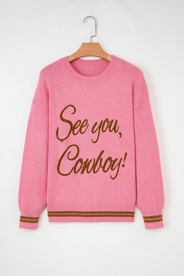 Peach Blossom See You Cowboy Embroidered Western Graphic Sweater
