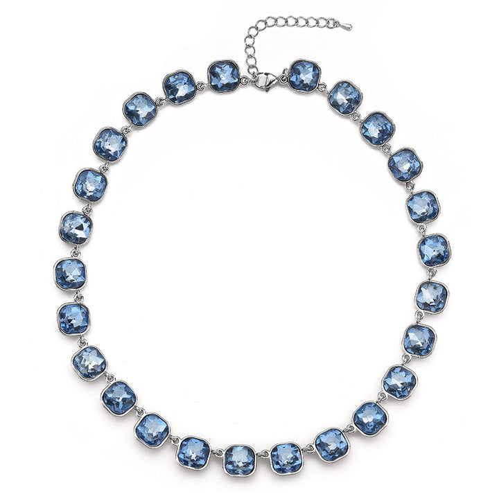 Light Blue Cushion Cut Cubic Zirconia Choker Necklace For Women, Silver Full Inlay Elegant Wedding Party Collarbone Chain Fashion Jewelry
