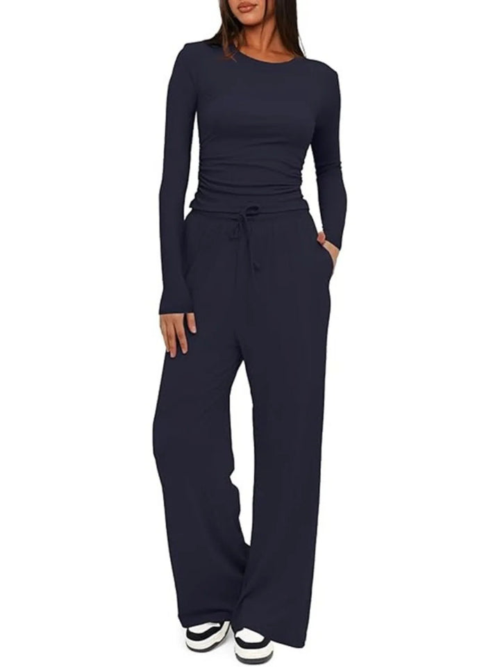 Round Neck Long Sleeve Top and Pants Set