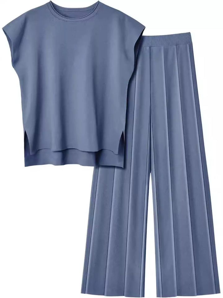 Casual Solid Color Cap Sleeve Top and Pants Knit Set