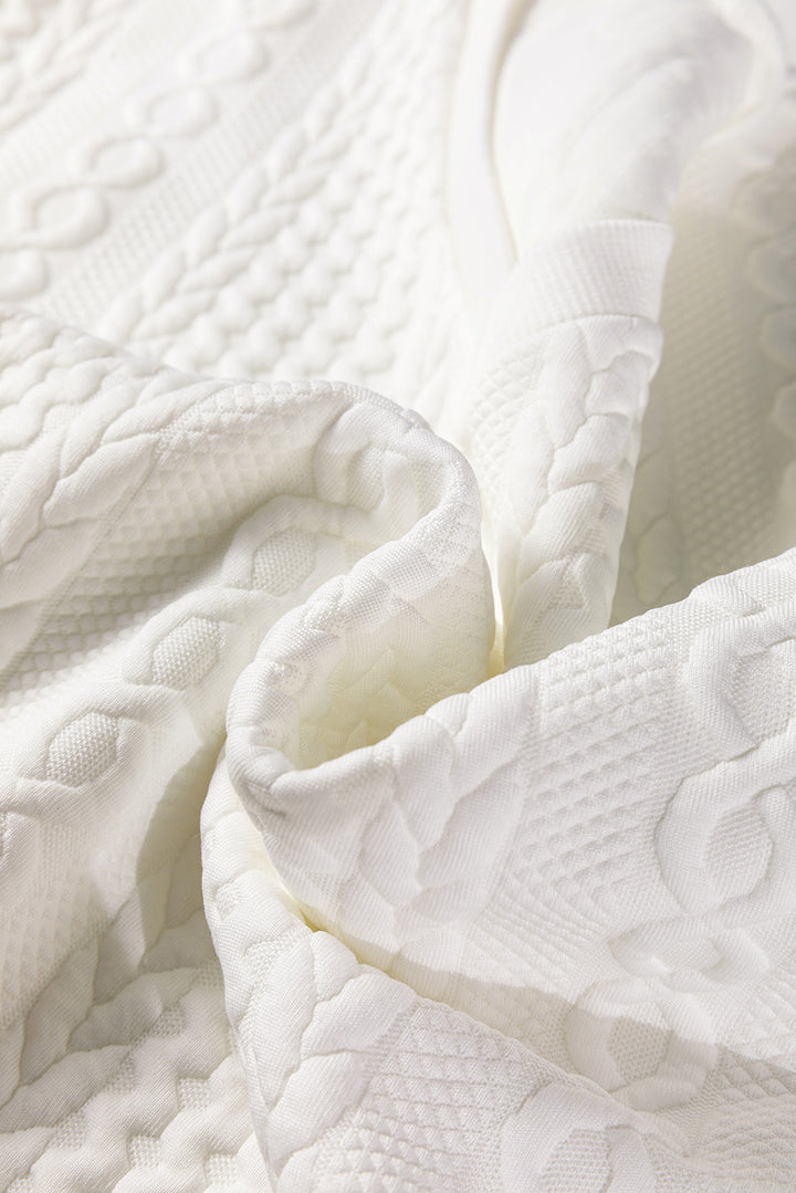 White Solid Color Textured V Neck Drop Shoulder Knit Top