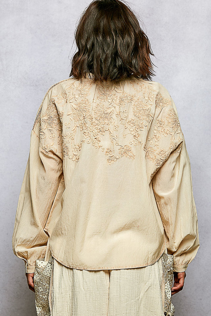 POL Embroidery Button Down Long Sleeve Washed Shirt