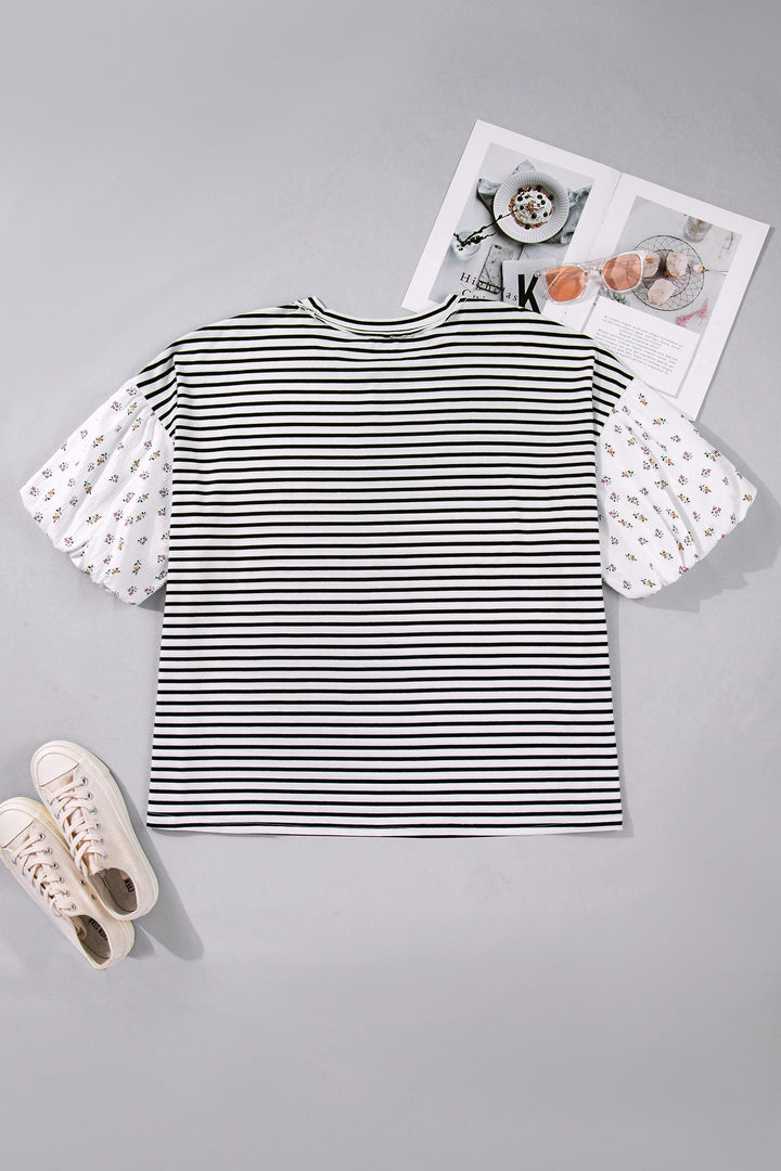 Black Stripe Plus Size Striped Short Sleeve Top with Floral Puff Sleeves