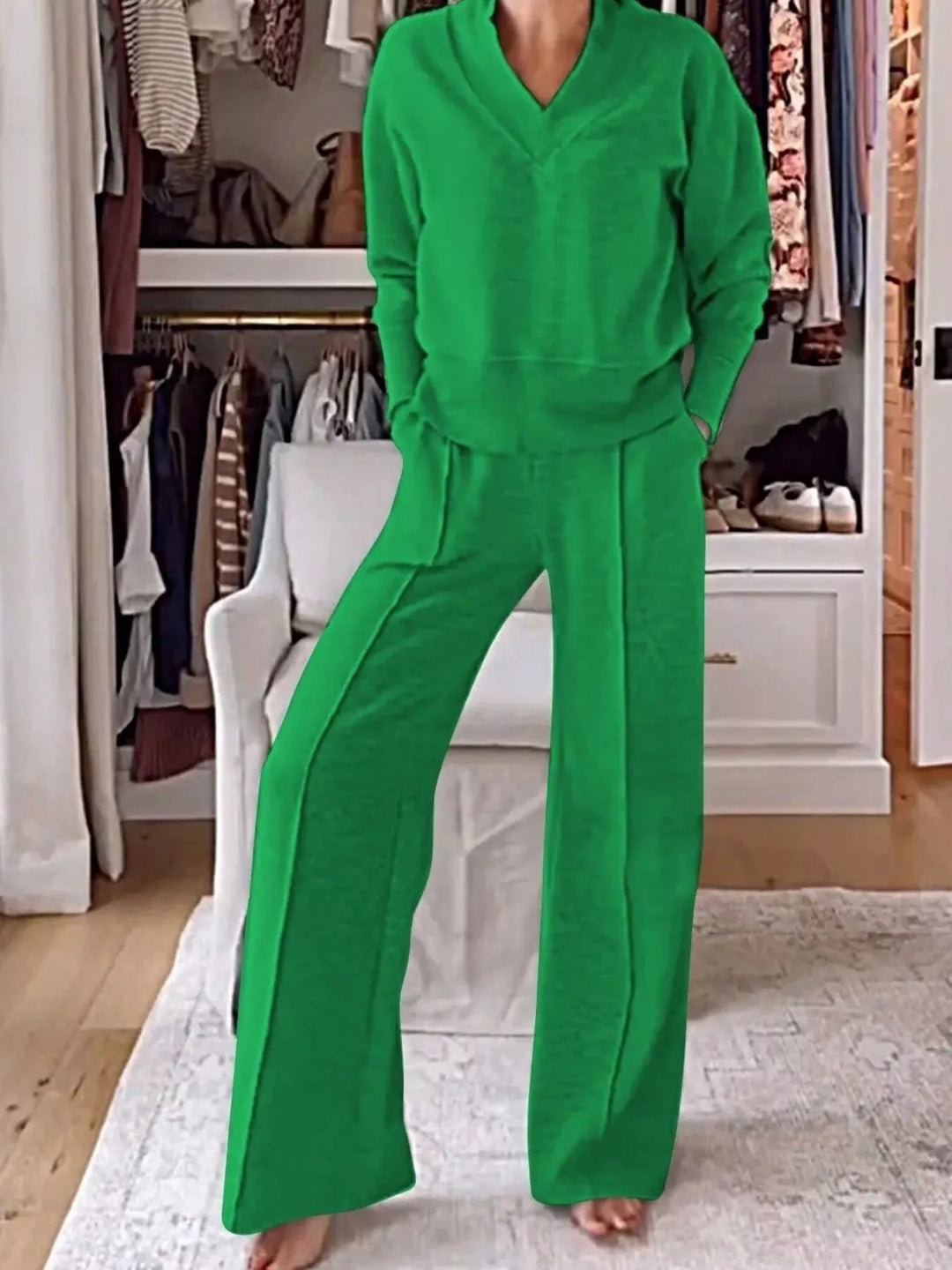 Full Size Cozy V-Neck Top and Pants Set Plus Size