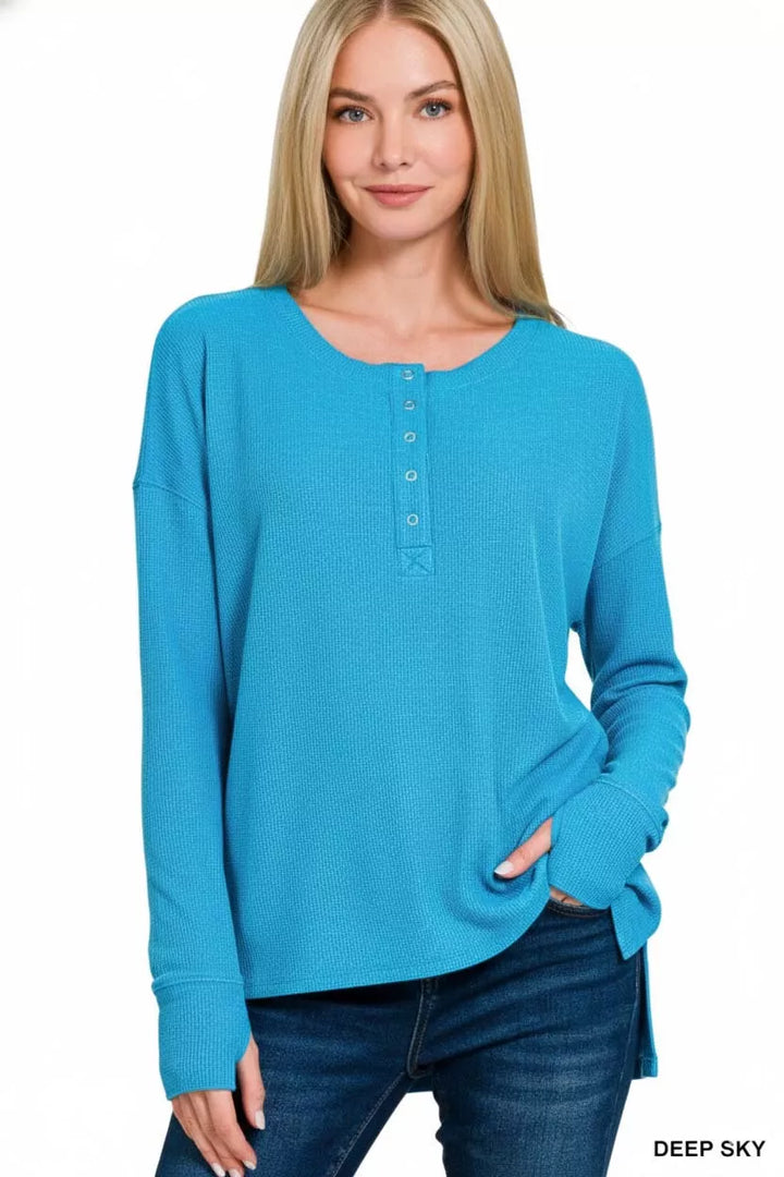 Zenana Waffle Thumb Hole Cuffs Henley Tee