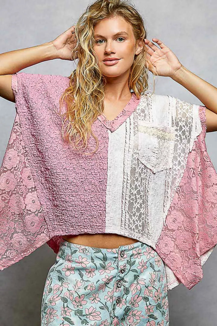 POL Asymmetrical V-Neck Short Sleeve Lace Top
