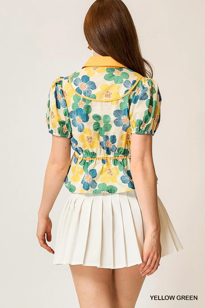 Umgee Floral Print Puff Sleeve Cropped Blouse