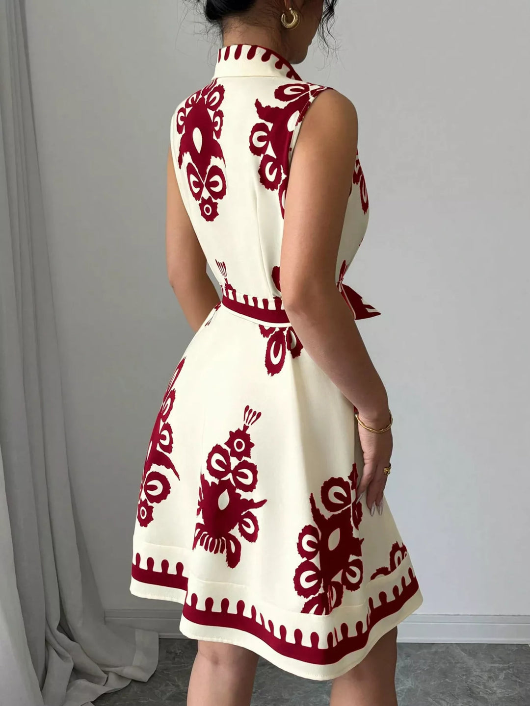 Sleeveless Ruched Printed Tie Waist Dress