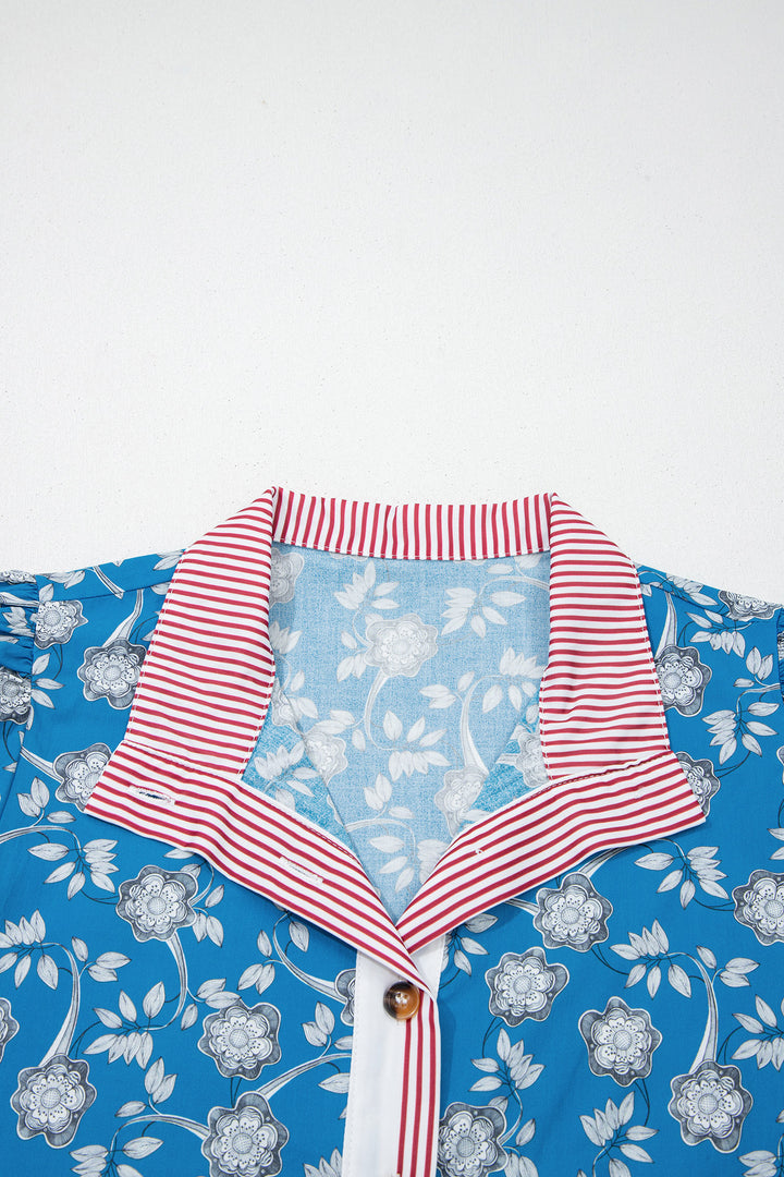 Blue Retro Floral Print Striped Trim Button Neck Short Sleeve Blouse