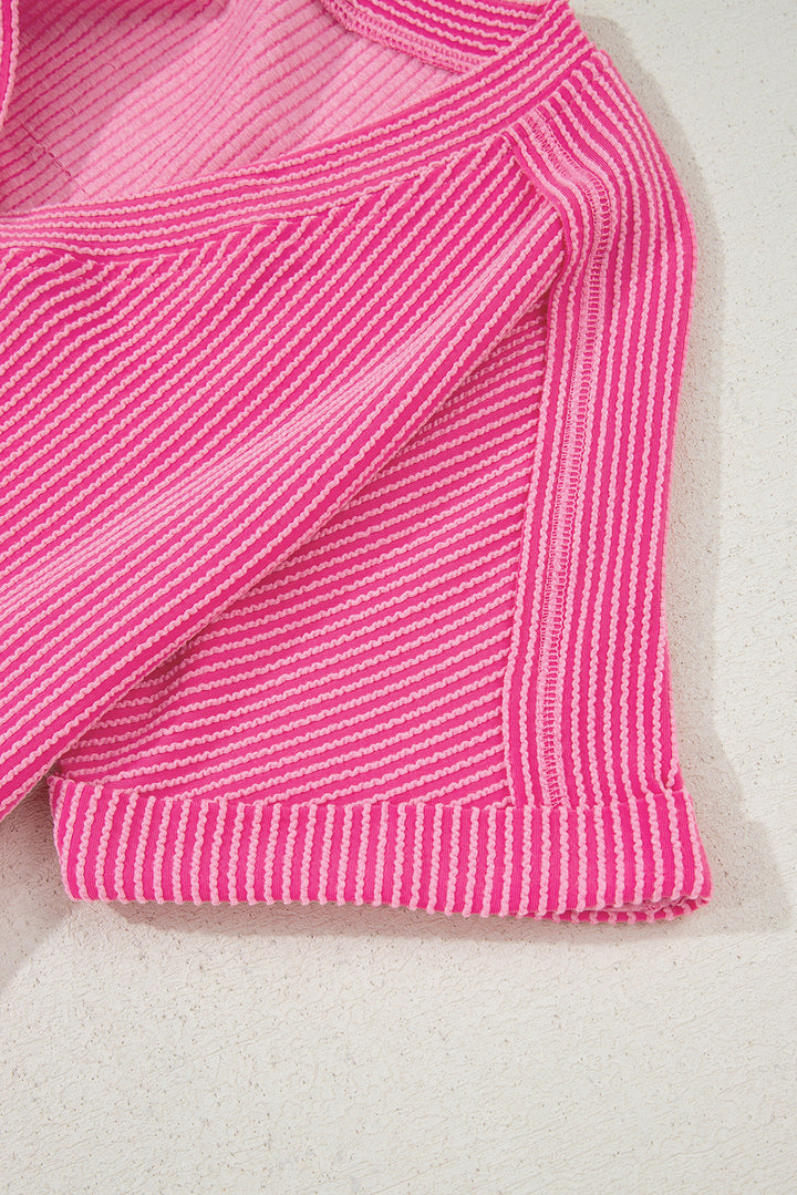 Bright Pink Spiral Ribbed Short Sleeve V Neck Buttoned Romper with Pocket