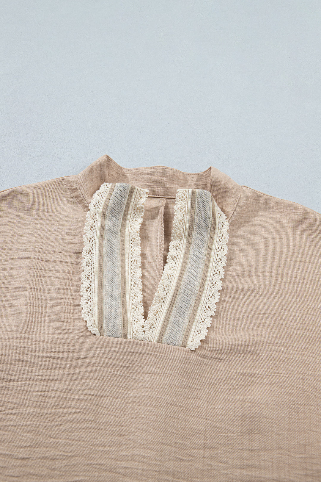Parchment Crochet Lace Accent Pullover Rolled Short Sleeve Blouse