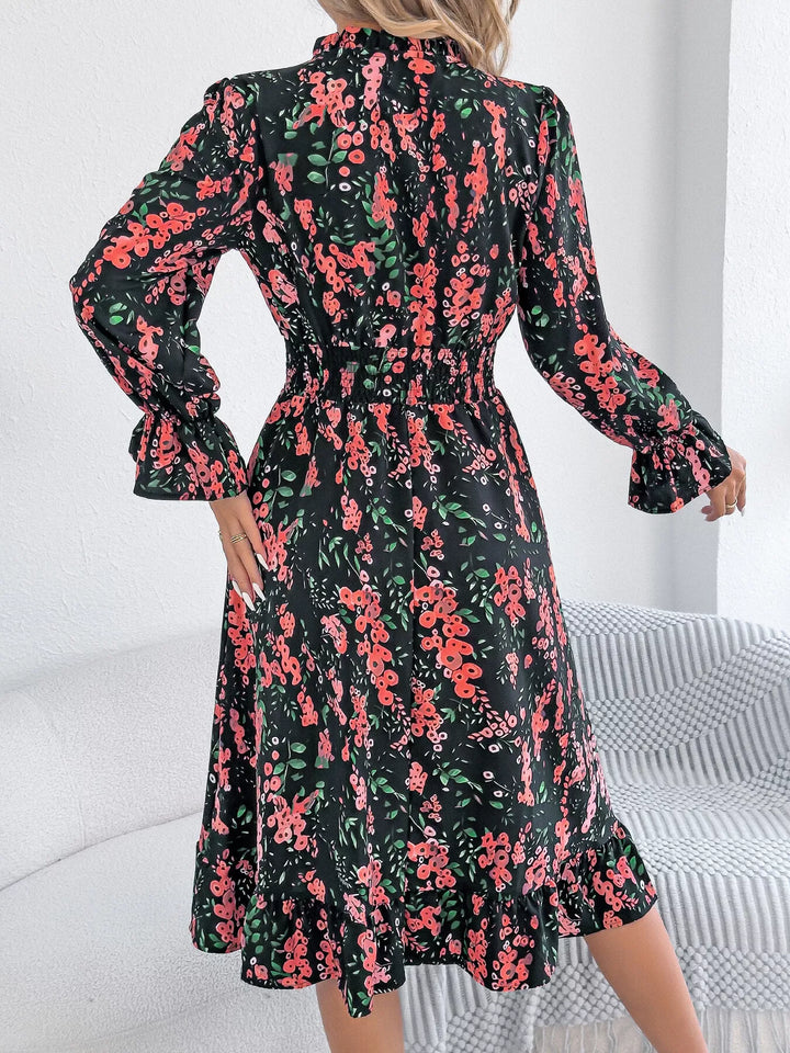 Floral Print Ruffle Hem Flounce Sleeve A-Line Dress