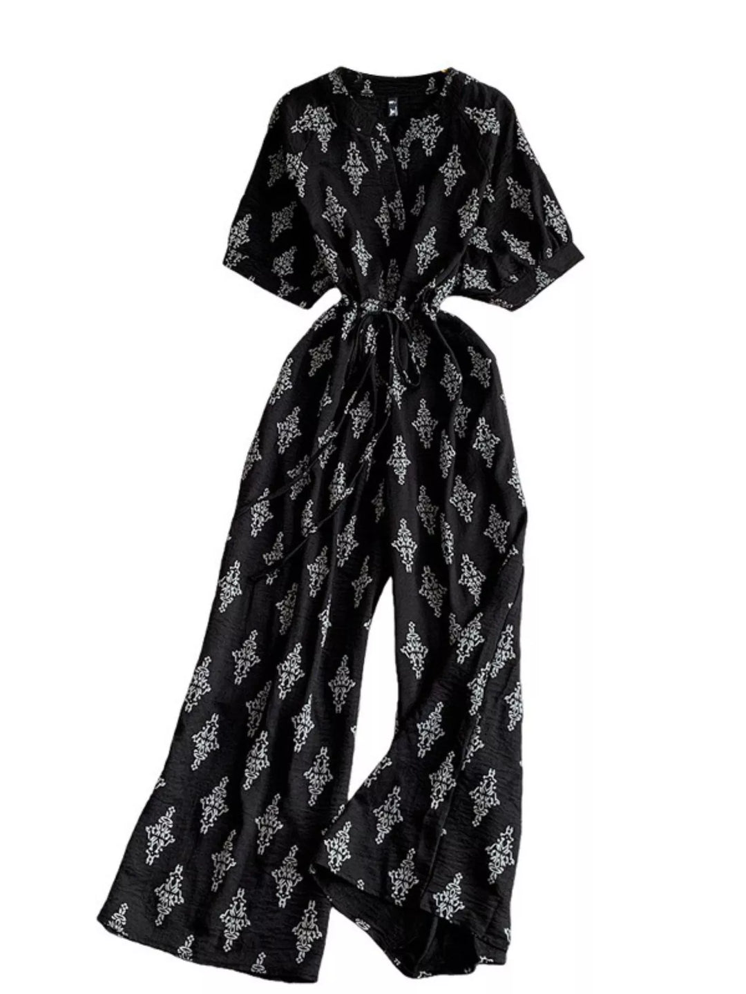Printed Short Sleeve Wide Leg Jumpsuit