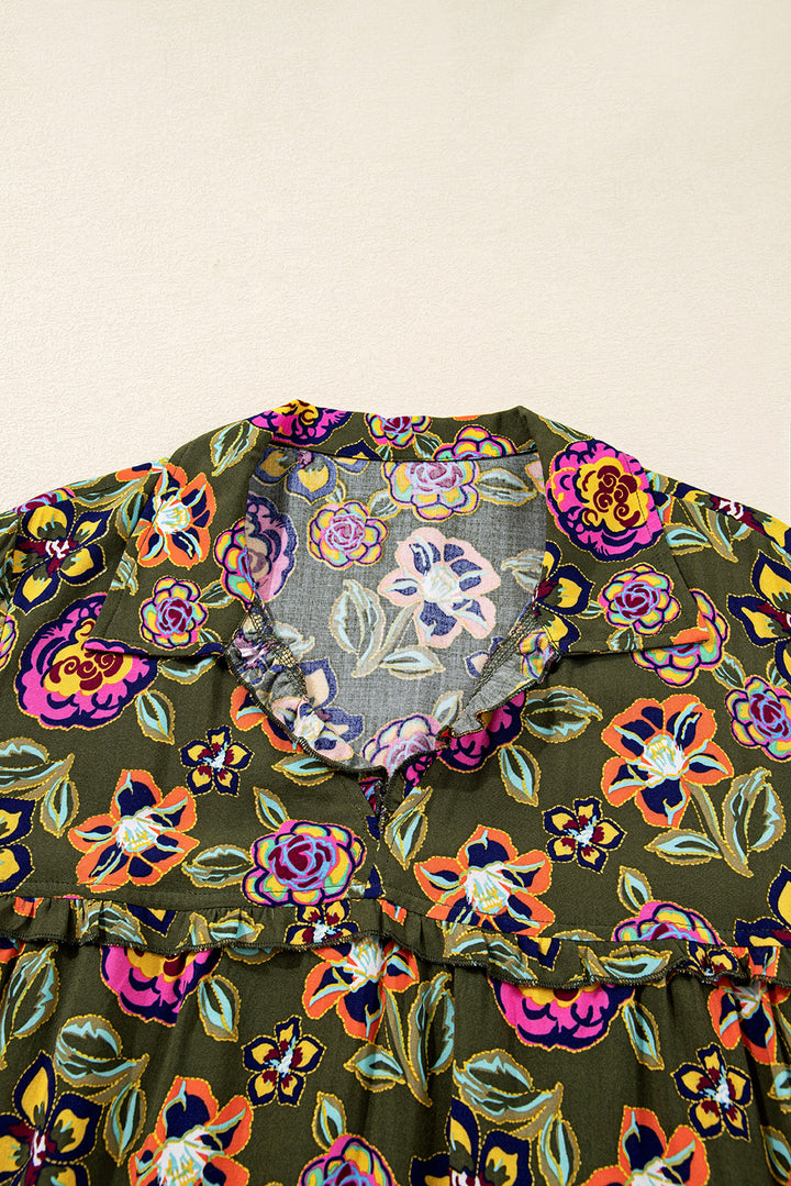 Green Floral Print Split Neck Bubble Sleeve Shift Mini Dress
