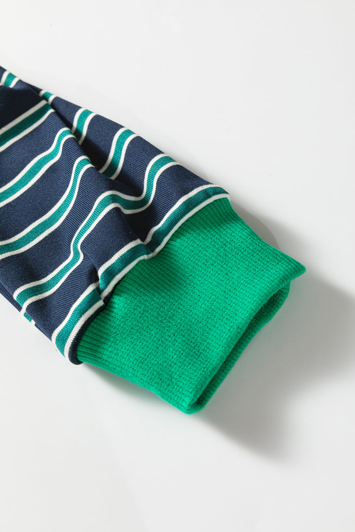 Green Stripe Ribbed Color Block Patchwork Crew Neck Patch Pocket Long Sleeve Top