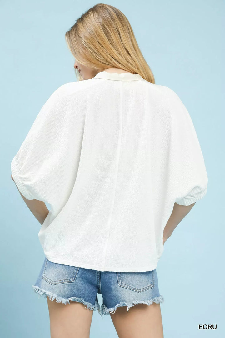 Umgee Contrast Collar V-Neck Top