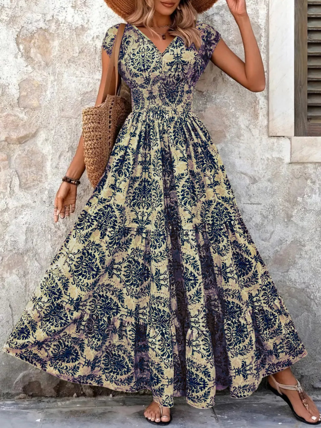 Full Size Printed V-Neck Tiered Maxi Dress Plus Size