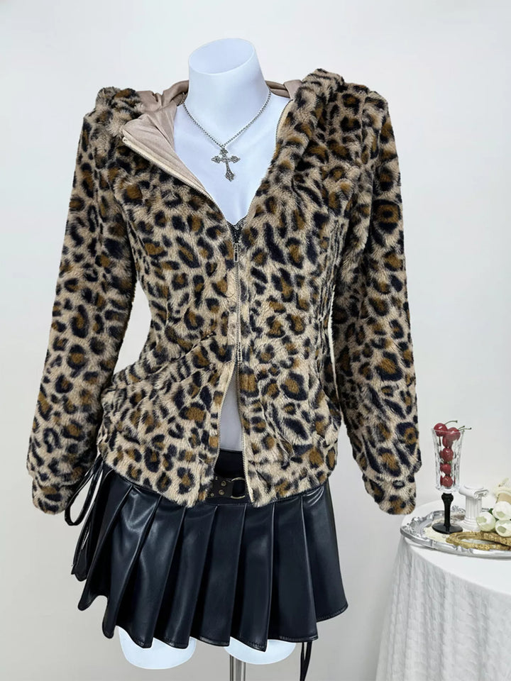 Leopard Plush Zip-Up Hooded Outerwear