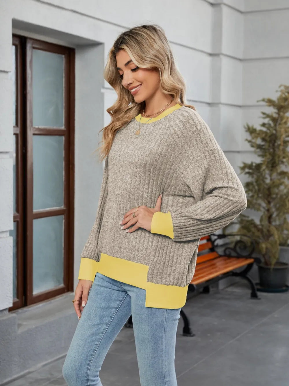 Contrast Trim Round Neck Long Sleeve T-Shirt