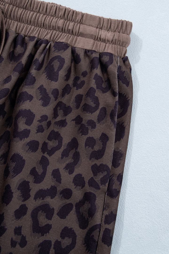 Brown V Neck Collar Leopard Printed 2pcs Short Set