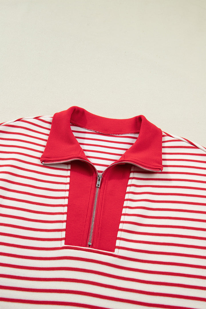 Red Stripe Quarter Zip Polo Collar T Shirt Dress with Pockets