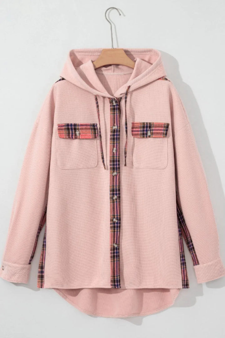 Waffle Knit Plaid Patchwork Drawstring Hooded Shacket