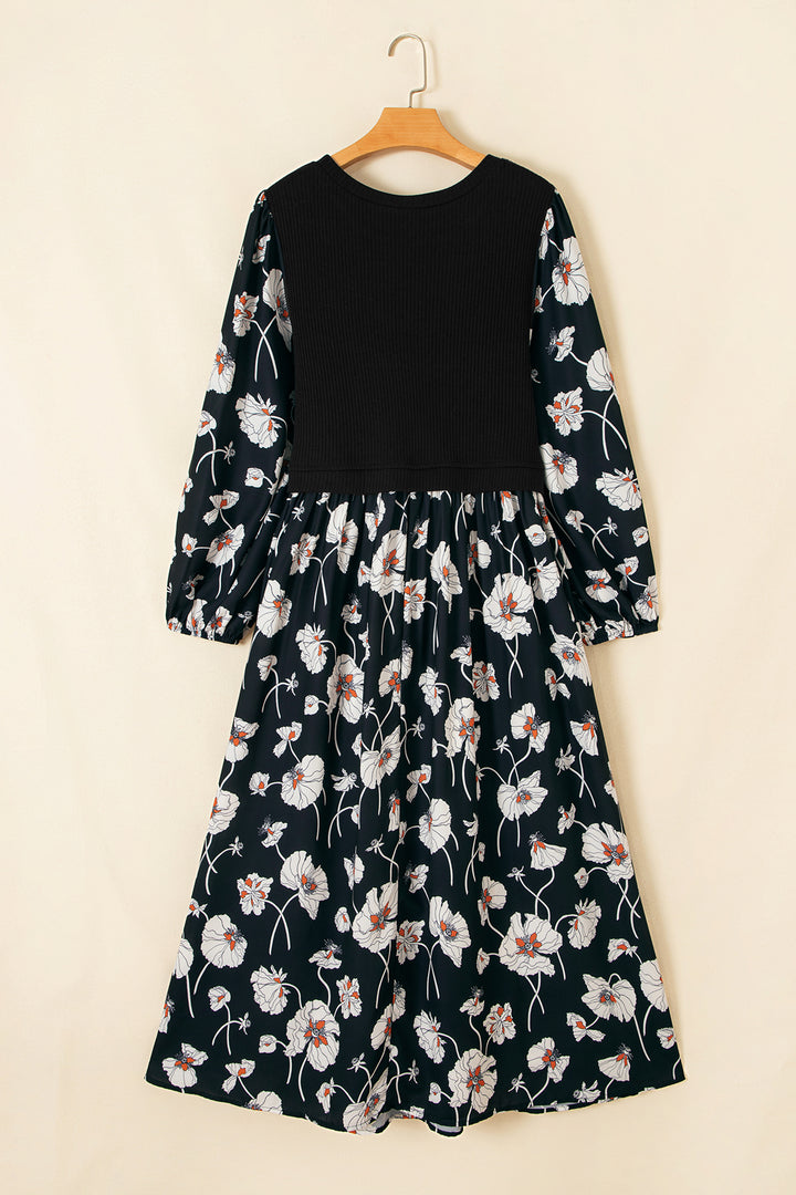 Black Floral Print Long Sleeve Round Neck Shift Plus Size Dress