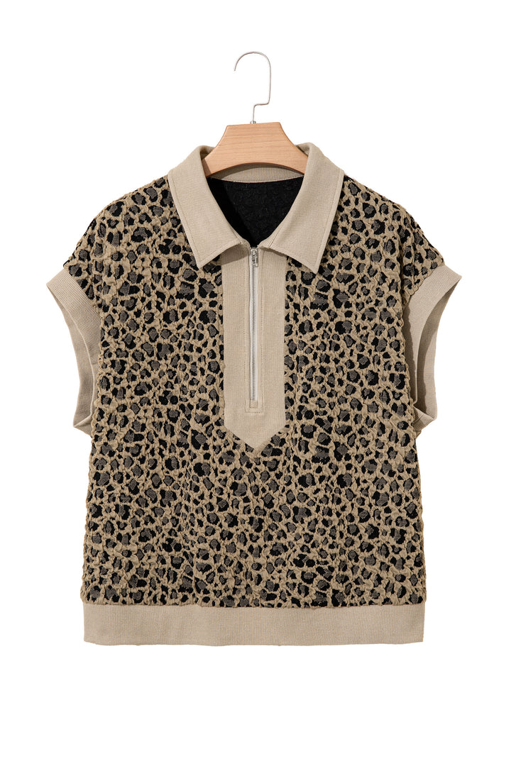 Beige Ribbed Patchwork Collar Cuffed Sleeve Leopard Plus Top