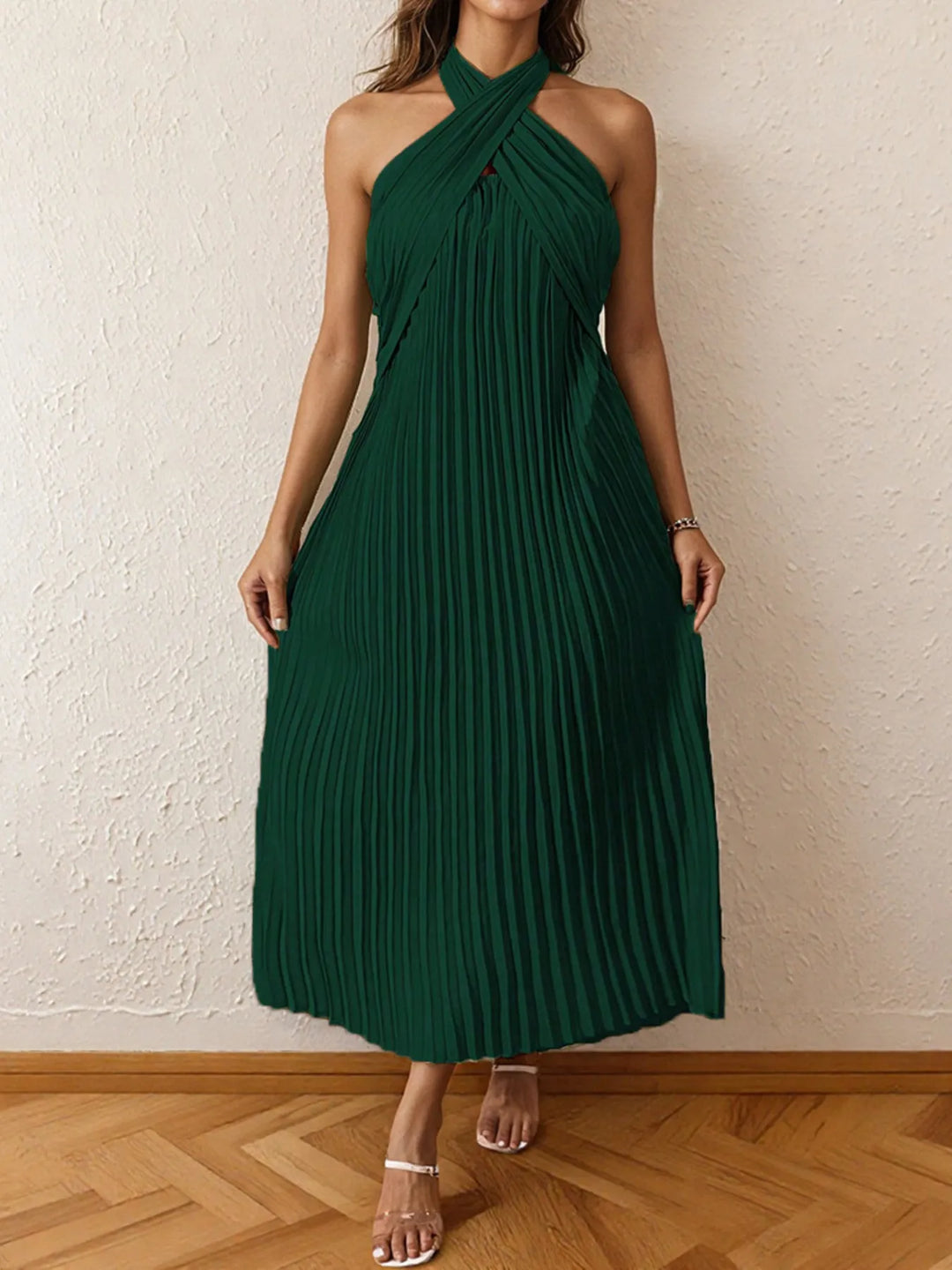 Pleated Halter Neck Midi Dress