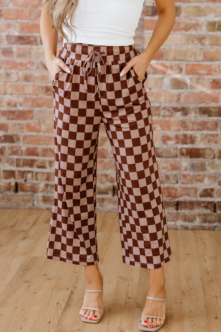 Khaki Checkered Elastic High Waist Loose Casual Pants