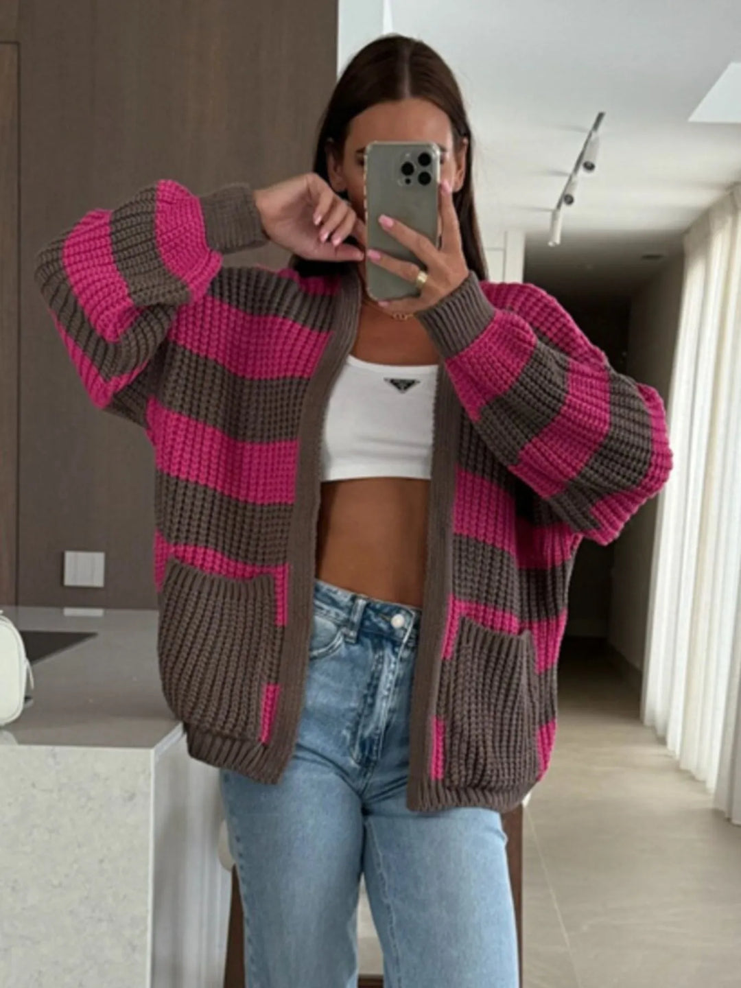 Striped Open Front Long Sleeve Cardigan