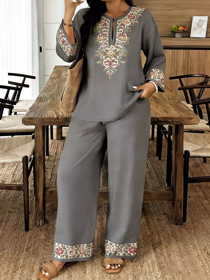 Full Size Embroidered Long Sleeve Top and Pants Set Plus Size
