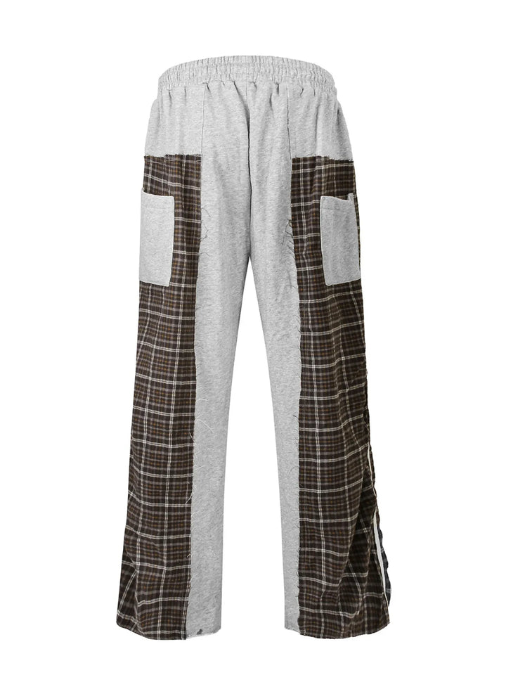 Men's Drawstring Patchwork Plaid Wide Leg Pants