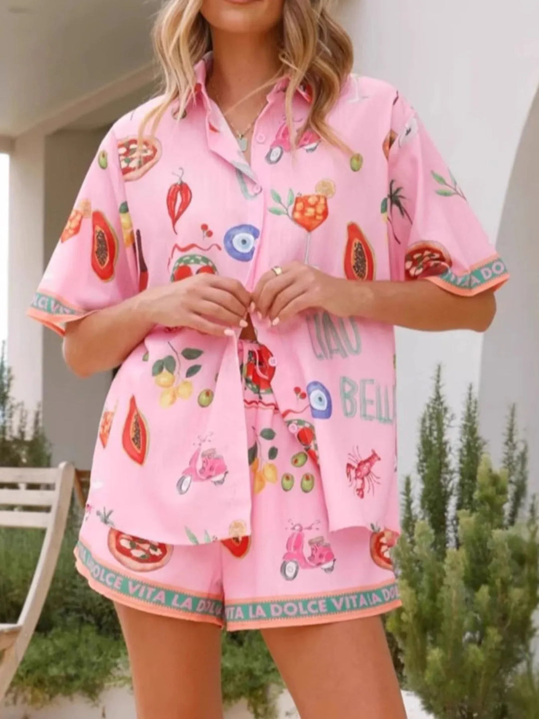 Printed Button Up Shirt and Shorts Set