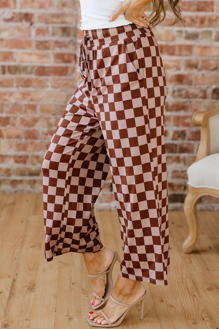 Khaki Checkered Elastic High Waist Loose Casual Pants