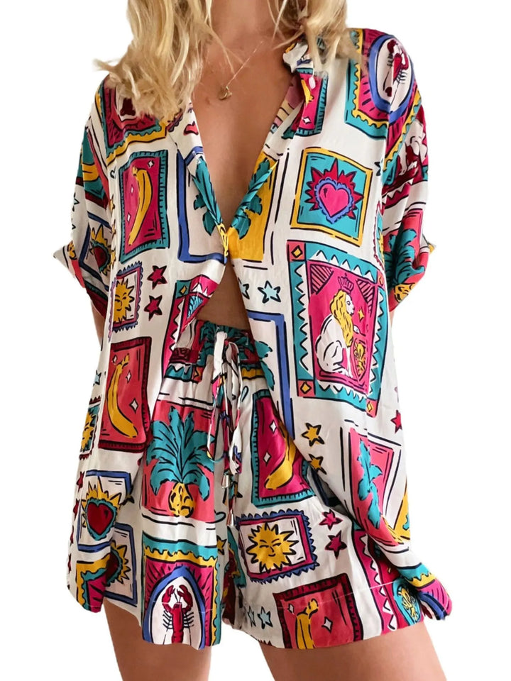Printed Button Up Shirt and Shorts Set