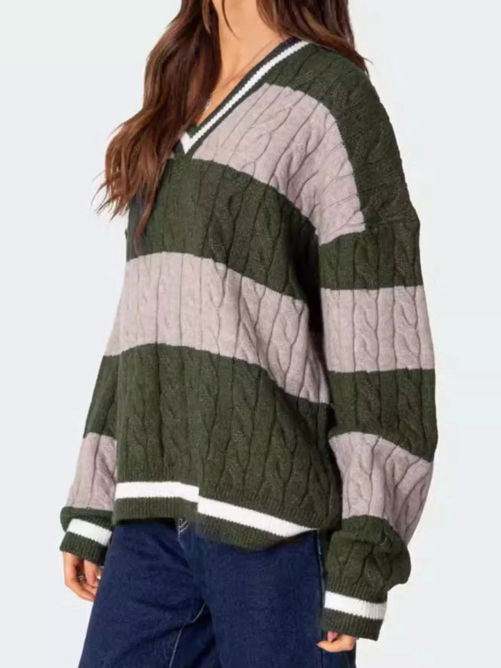 Striped Cable Knit V-Neck Sweater