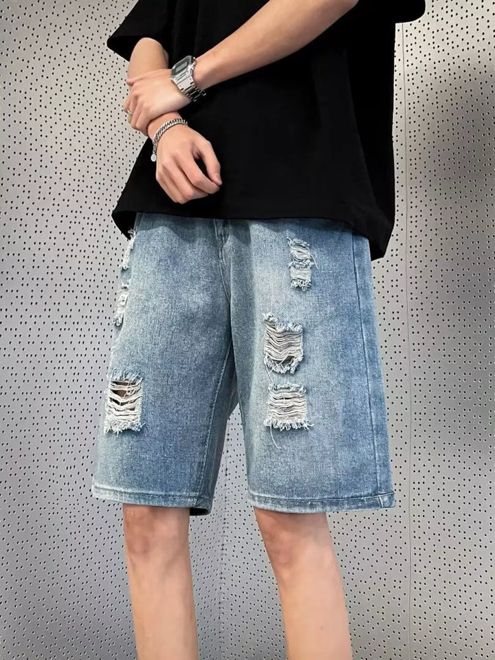 Men's Full Size Distressed Wash Wide Leg Denim Shorts Plus Size
