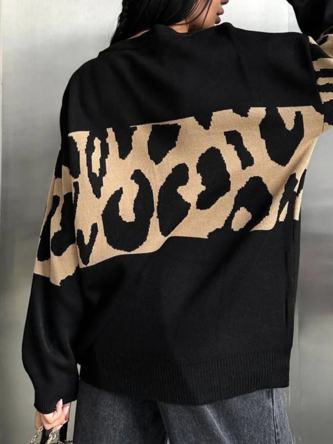 Leopard Color Block Round Neck Sweater