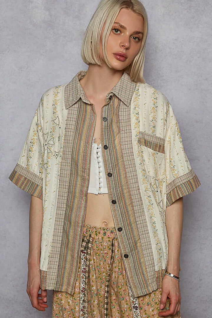 POL Printed Button Down Patchwork Short Sleeve Shirt