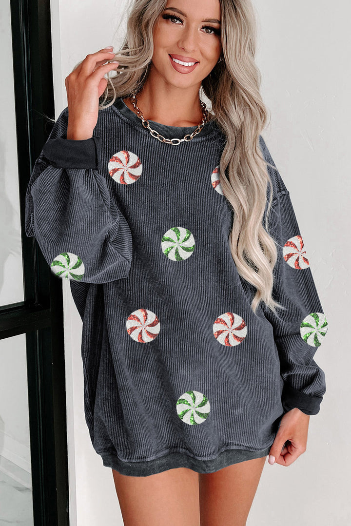 Gray Christmas Candy Sequin Graphic Ribbed Corded Baggy Sweatshirt