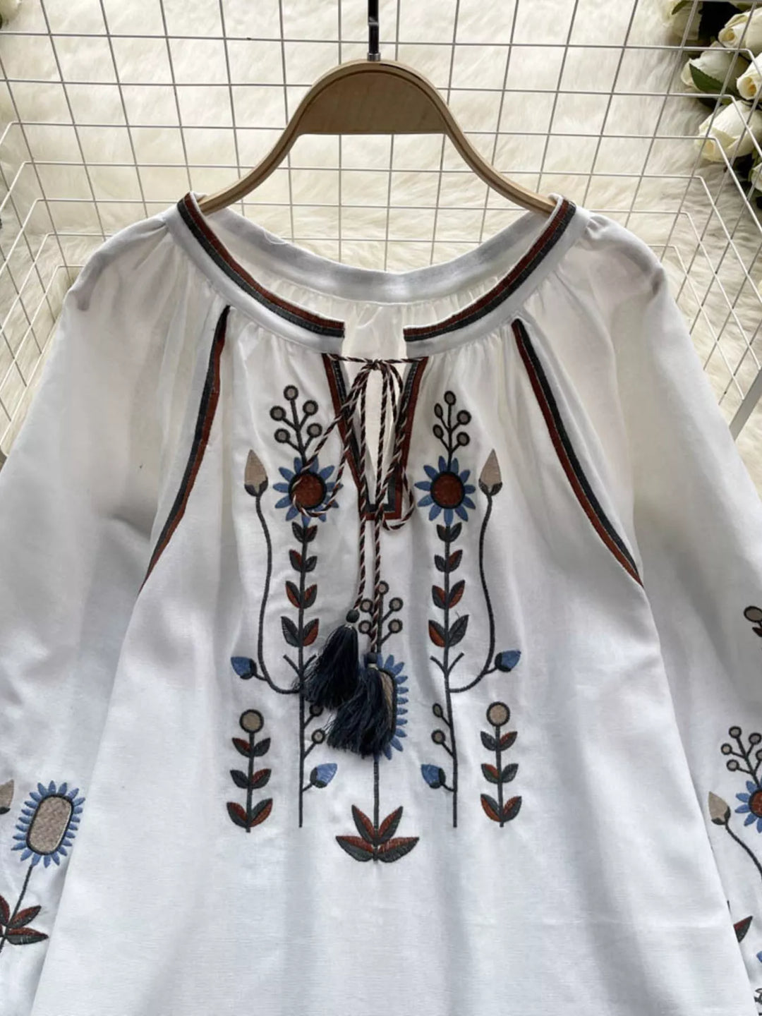 Embroidered Tie Neck Blouse