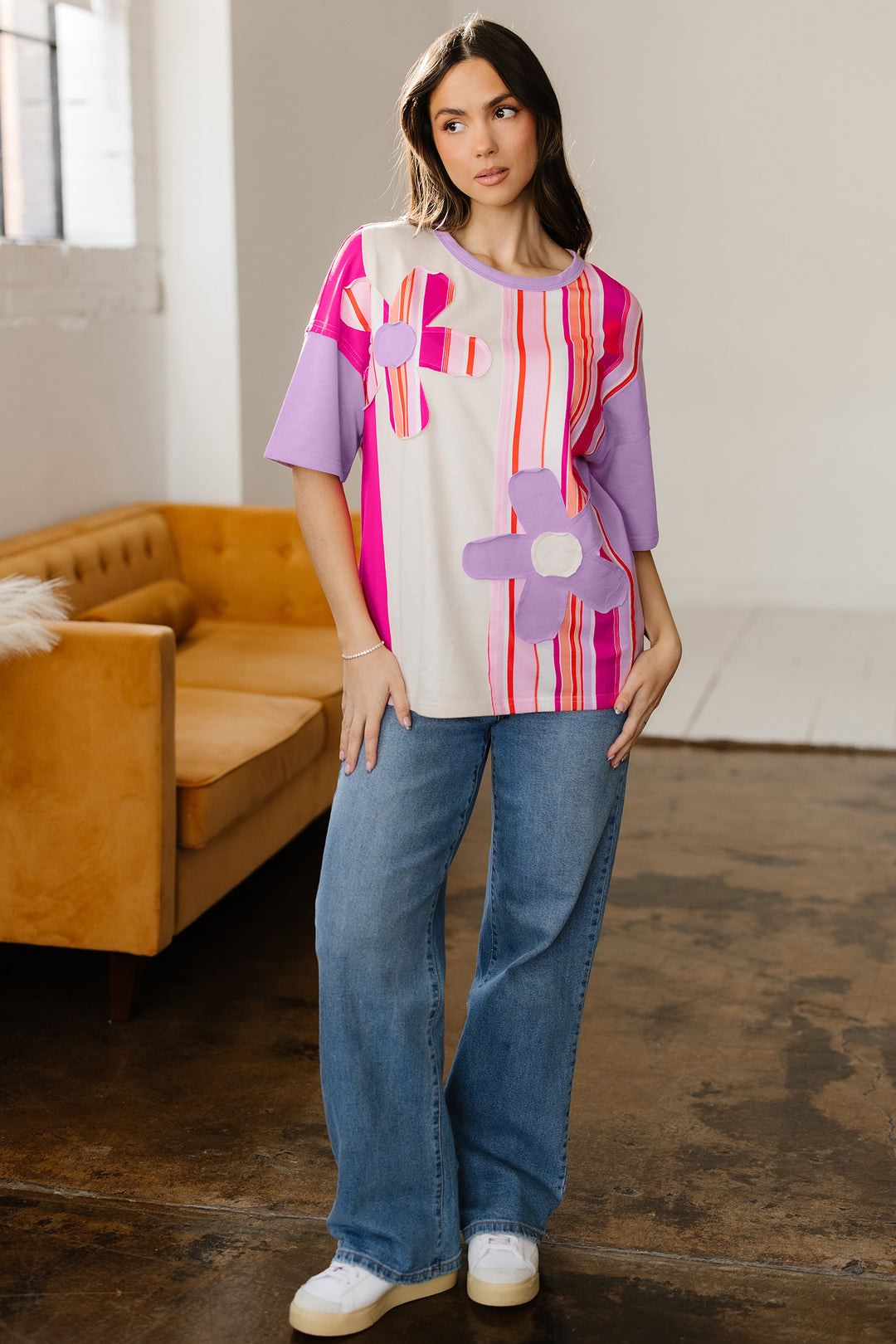 Pink Striped Color Block Flower Patched Half Sleeve Loose Top