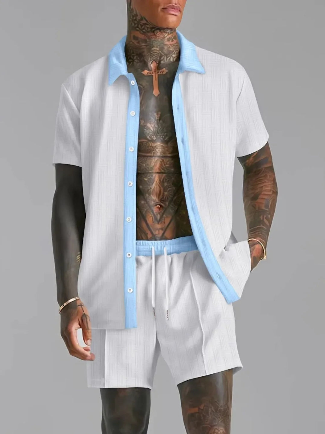 Men's Full Size Collared Neck Short Sleeve Top and Shorts Set Plus Size