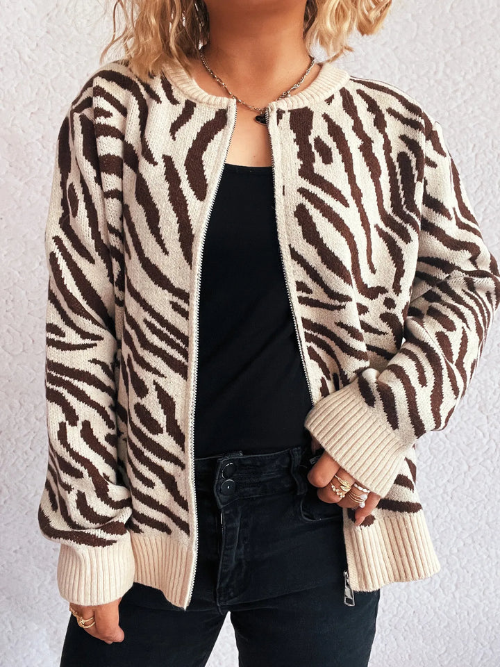 Zebra Print Zip Up Cardigan