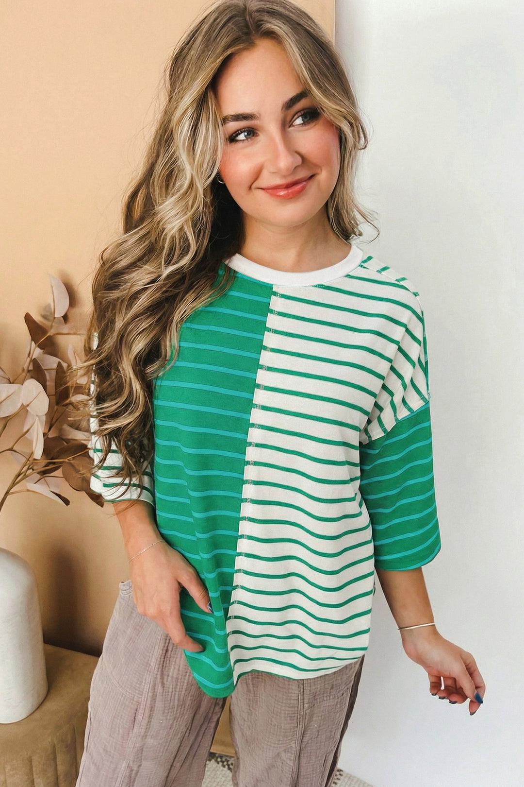 Green Stripe Colorblock 3/4 Sleeve Loose T Shirt